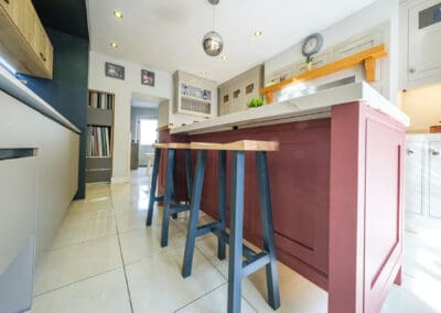Mangan Woodcraft bespoke kitchen island build to suit a kitchen space on display in showroom in Trim Meath