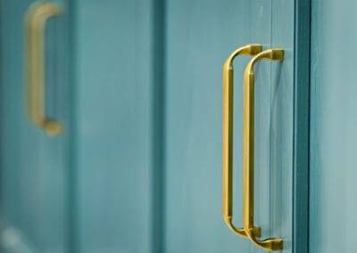 Mangan Woodcraft modern teal kitchen cabinet doors with brass handle