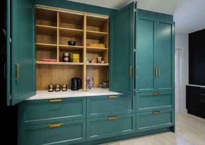 Mangan Woodraft modern kitchen design green cabinets with brass handles