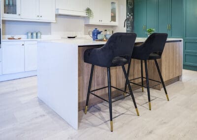 Modern kitchen island in white kitchen visit our showroom in Trim Meath Ireland Mangan Woodcraft